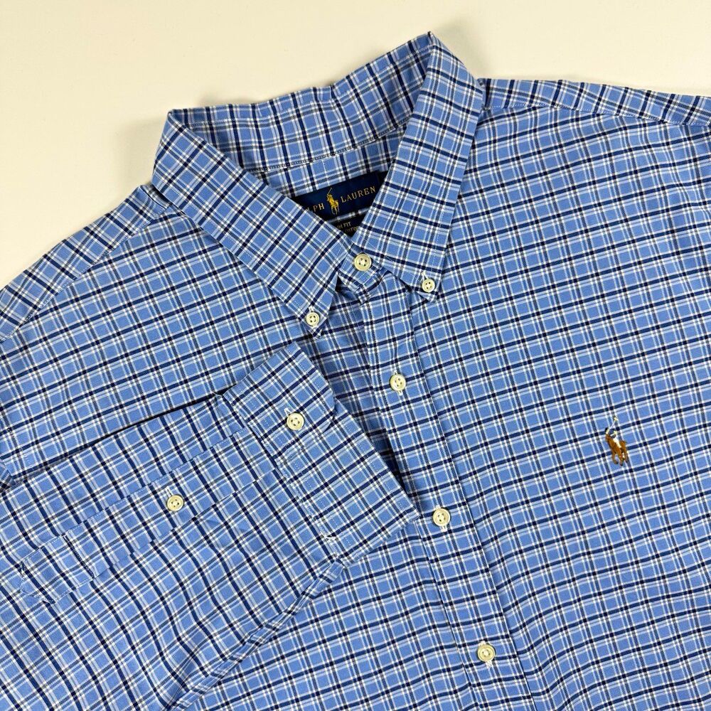 Polo Ralph Lauren XXL Slim Fit Stretch Oxford Blue Plaid Button Down Shirt